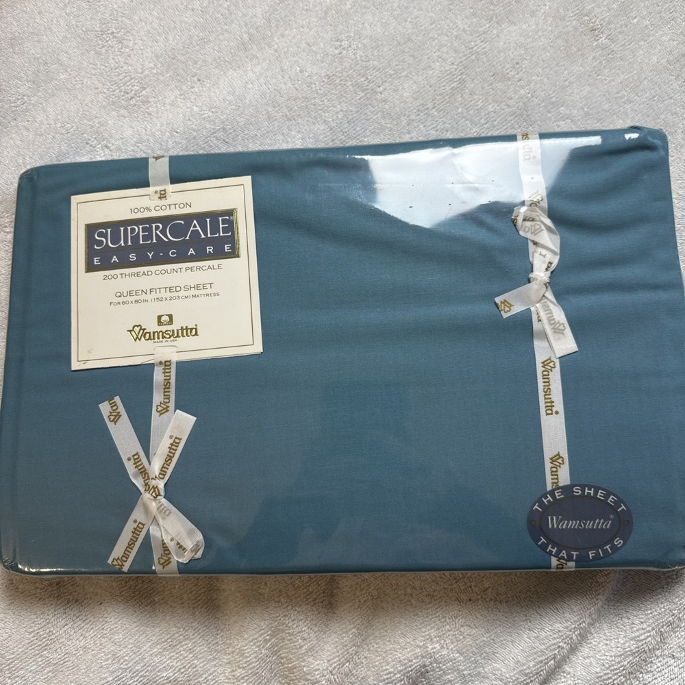 Vintage Wamsutta Supercale Queen Fitted Sheet Turquoise 200TC Cotton USA Sealed